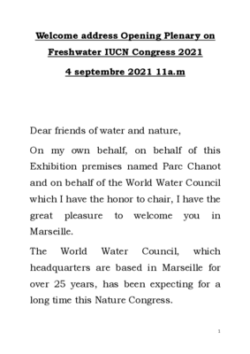Welcome address Opening Plenary on Freshwater IUCN Congress 2021 (EN)