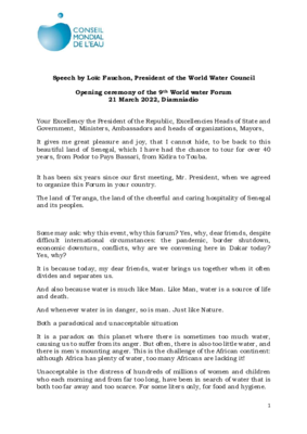 Loïc Fauchon Speech Opening Ceremony 9th World Water Forum - English version