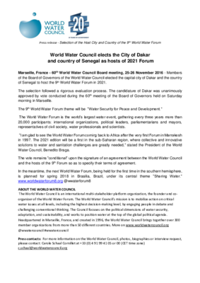 25 november 2016 World Water Council elects the City of Dakar and country of Senegal as hosts of 2021 Forum (EN)