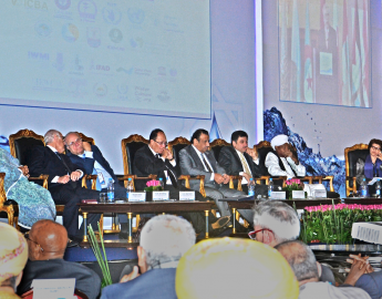 From left to right: H.E Ambasador Shahira Wahbi, Chief of Sustainable Development and International Cooperation, League of Arab States (LAS); H.E. Dr. Adel El-Beltagy, Minister of Agriculture and Land Reclamation; H.E. Dr. Adnan Badran - Former Prime Minister – The Hashemite Kingdom of Jordan; H.E. Dr. Mahmoud Abu Zeid – President of the Arab Water Council; HRH Prince Khalid Bin Sultan - Chairman of Prince Sultan Bin Abdulaziz International Water Prize and the President Honoraire of the Arab Water Coun