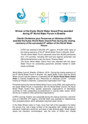 Winner of the Kyoto World Water Grand Prize awarded during 8th World Water Forum in Brasilia (EN)