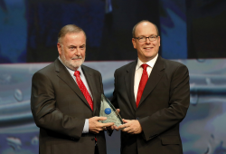 Prince Albert II of Monaco awards the Water prize to Loïc Fauchon, honorary president of the World Water Council and CEO of the Société des Eaux de Marseille, during the 8th awards ceremony of the Prince Albert II of Monaco Foundation at the Monaco Grimaldi Forum, October 2, 2015. Photo © JC Vinaj 