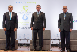 From left to right: Benedito Braga, President of the World Water Council, Senator Rodrigo Rollemberg, Federal District Governor, and Vicente Andreu Guillo, President of ANA (the Brazilian Water Agency) at the Opening Ceremony of the 8th World Water Forum Kick-off Meeting in Brasilia, Brazil, 27 June. Photo: @IsraelLima