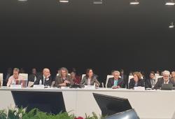 Vice-President Asma El Kasmi surrounded by Honorary President Benedito Braga and Governor Jean Lapègue, during the Roundtable on SDG6 - Building a Resilient Future Through Water, COP25, Madrid, 9 December 2019