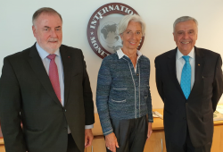 World Water Council President Loic Fauchon and Honorary President Benedito Braga meet Managing Director and Chairwoman of the International Monetary Fund Christine Lagarde, IMF Headquarters, Washington D.C., 4 April 2019 