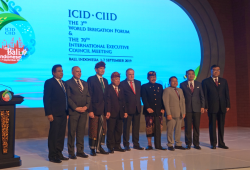 Opening Ceremony of the 3rd World Irrigation Forum, Bali, Indonesia, 2 September 2019. Felix Reinders, President of ICID (third from left); Basuki Hadimuljono, Minister of Public Works and Housing of Indonesia (fourth from left); Loïc Fauchon, President of the World Water Council (center); Tjokorda Oka Artha Ardana Sukawati, Vice Governor of Bali Province (fourth from right); and other dignitaries.