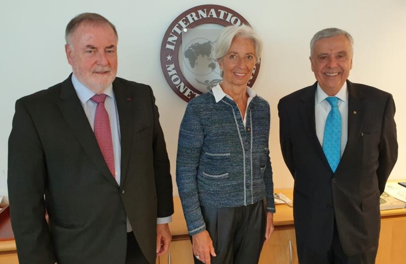 World Water Council President Loic Fauchon and Honorary President Benedito Braga meet Managing Director and Chairwoman of the International Monetary Fund Christine Lagarde, IMF Headquarters, Washington D.C., 4 April 2019