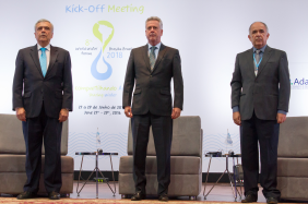 From left to right: Benedito Braga, President of the World Water Council, Senator Rodrigo Rollemberg, Federal District Governor, and Vicente Andreu Guillo, President of ANA (the Brazilian Water Agency) at the Opening Ceremony of the 8th World Water Forum Kick-off Meeting in Brasilia, Brazil, 27 June. Photo: @IsraelLima