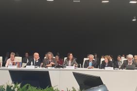Vice-President Asma El Kasmi surrounded by Honorary President Benedito Braga and Governor Jean Lapègue, during the Roundtable on SDG6 - Building a Resilient Future Through Water, COP25, Madrid, 9 December 2019